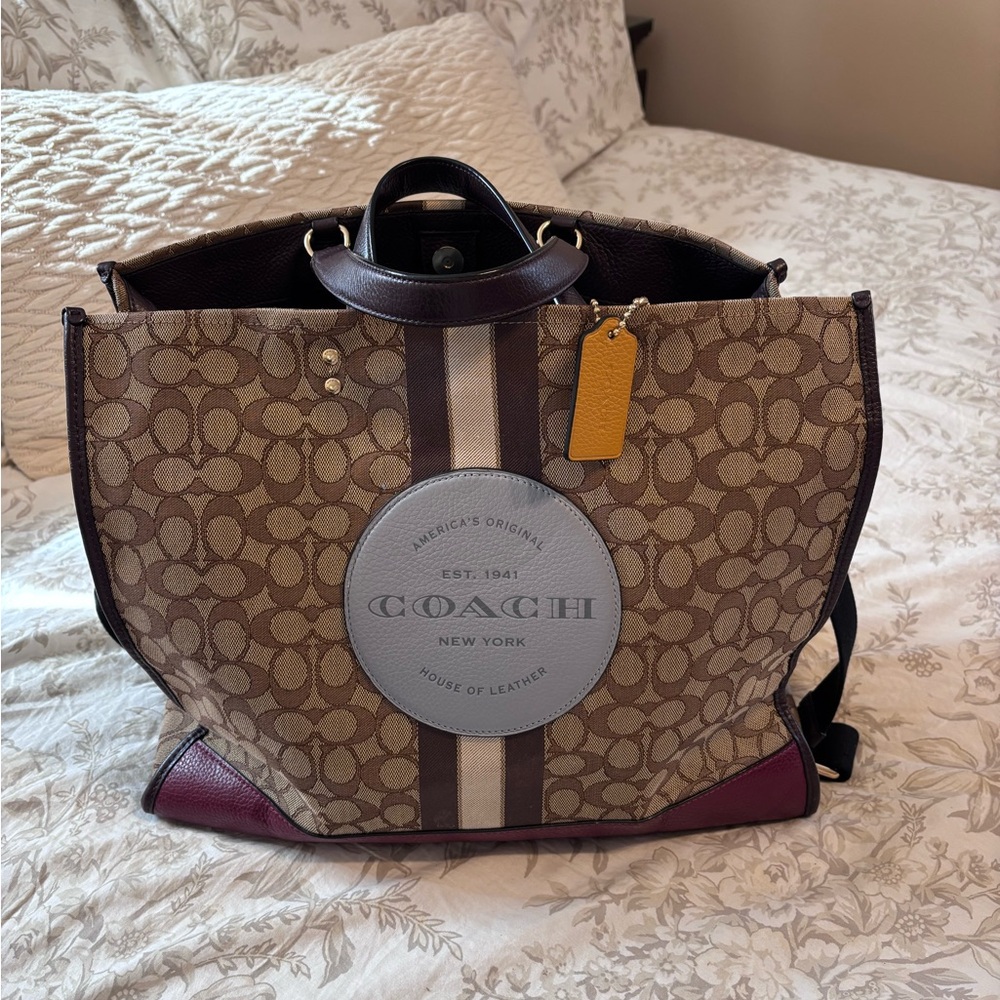 Coach Brown Signature Canvas Tote with Burgundy Accents and Yellow Tag